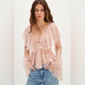 Free People X Nigel Preston Brontë Lace Edwardian Pink Sheer Blouse S